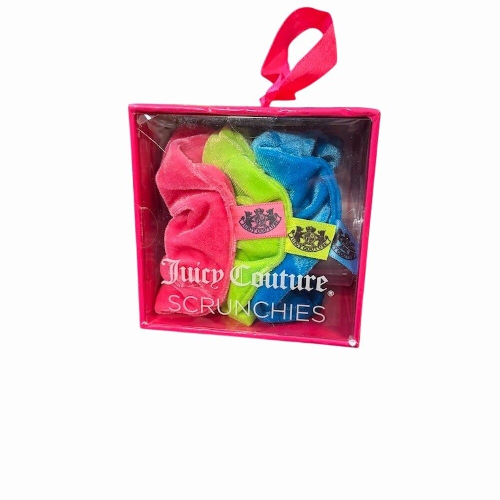 Juicy Couture Scrunchies 3-Piece Set Neon Velvet Hair Ties With Gift Box
